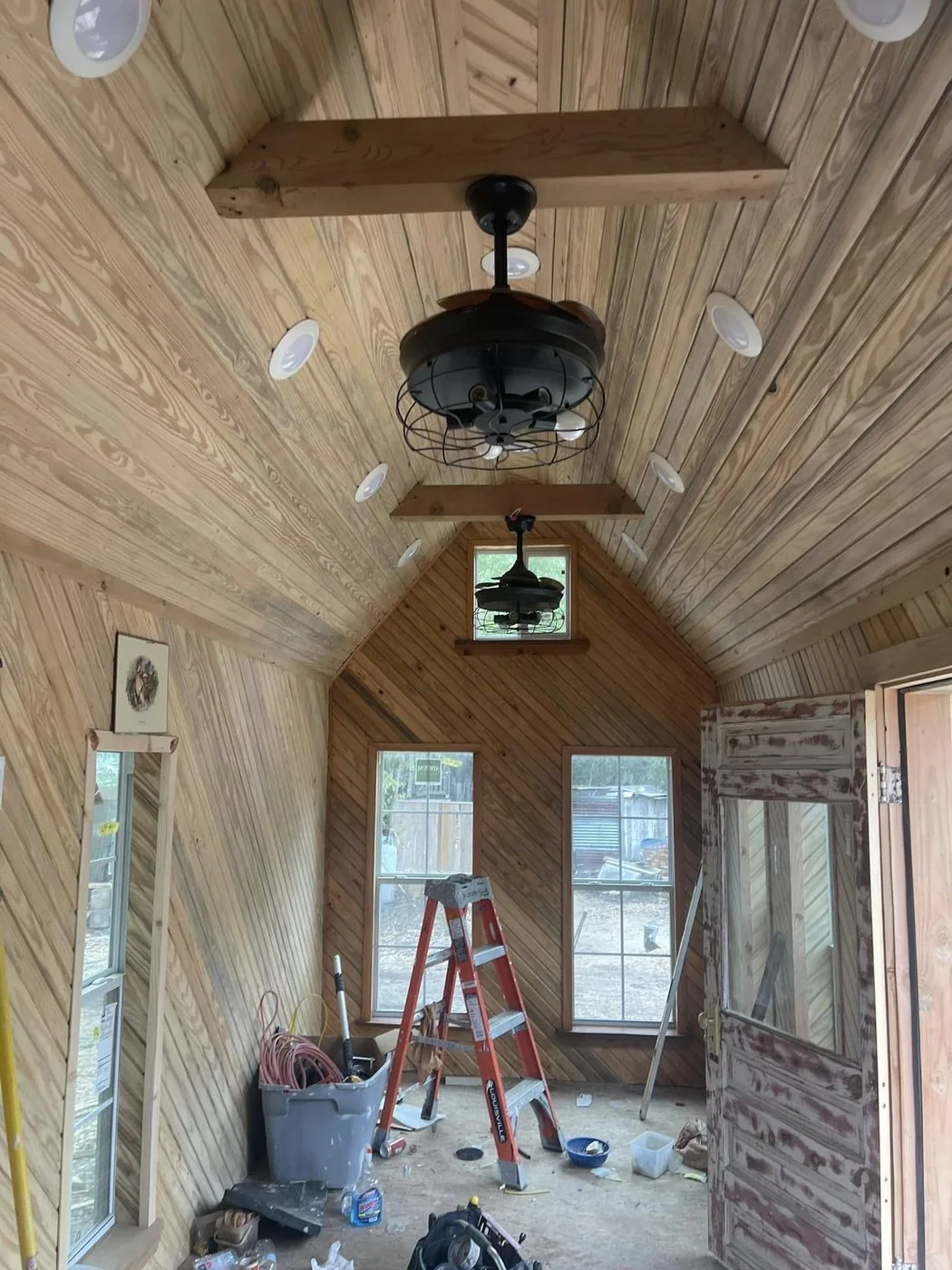 Cedar interior with a sleeping loft above